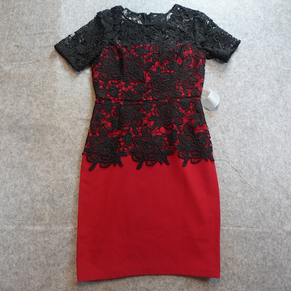 Sachin and Babi Dress Women 8 NWT Garnet Ruby Lace Overlay Short Sleeve Sheath